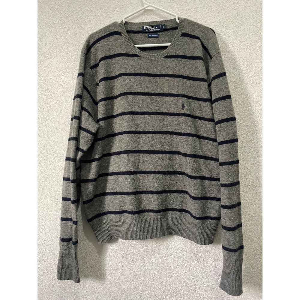 Polo Ralph Lauren Mens‎ XL Lambswool Striped Sweater Gray Blue Pony Logo